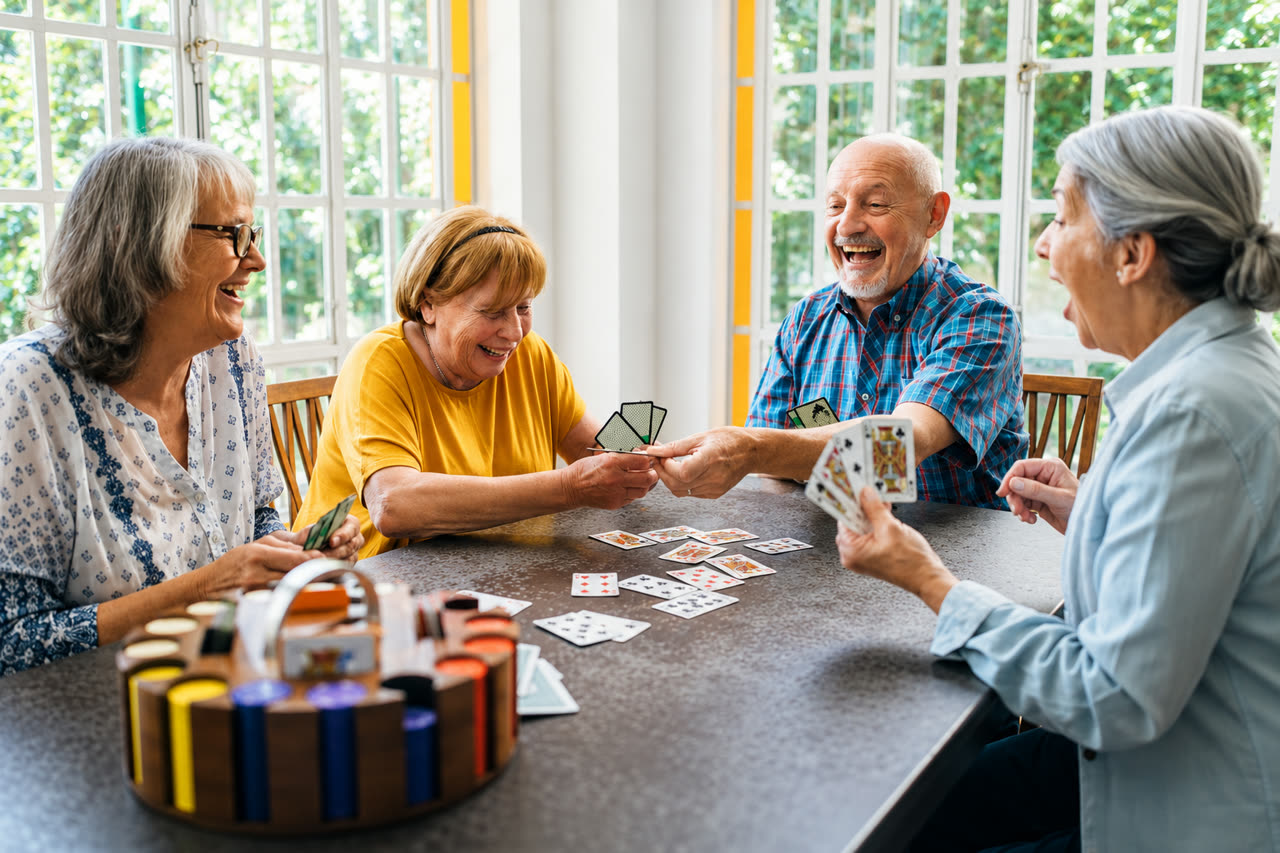 Older friends enjoying a card game together